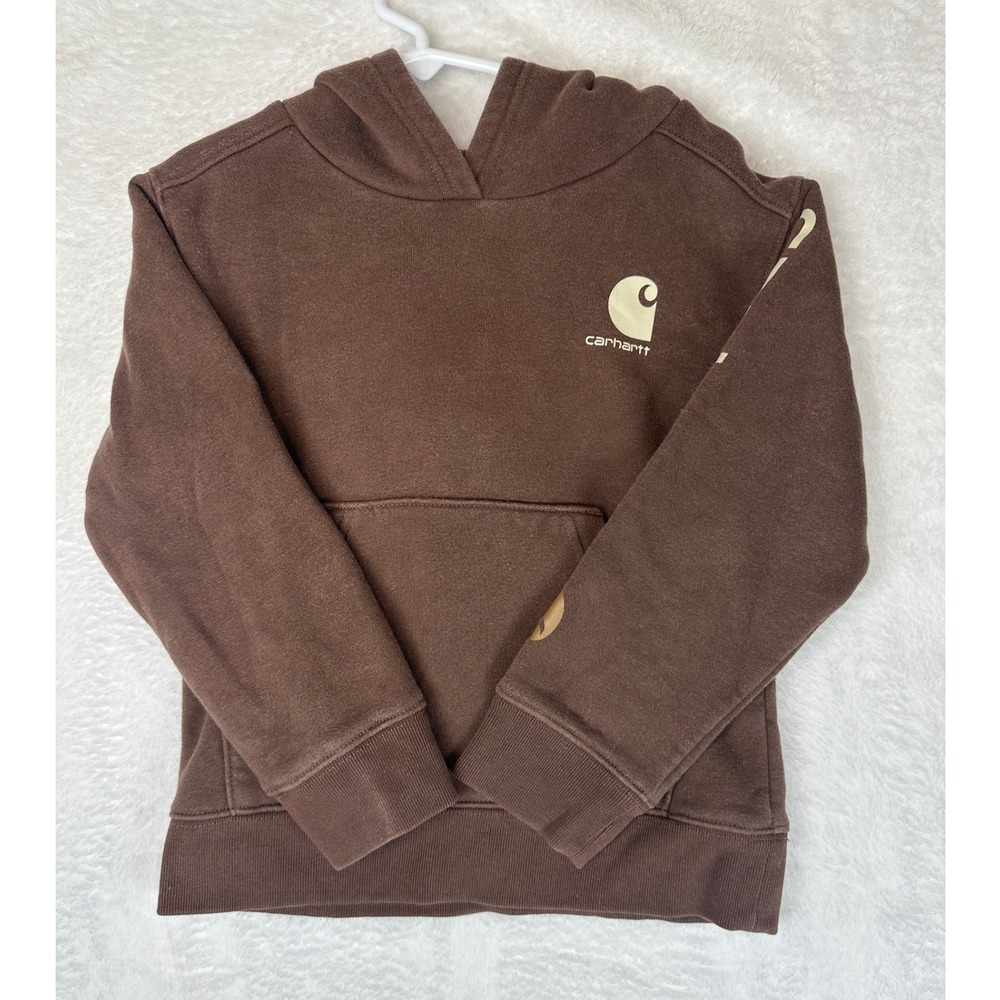 Carhartt Hoodie Kids 4 Brown Logo Graphic Sleeve Pullover Sweatshirt